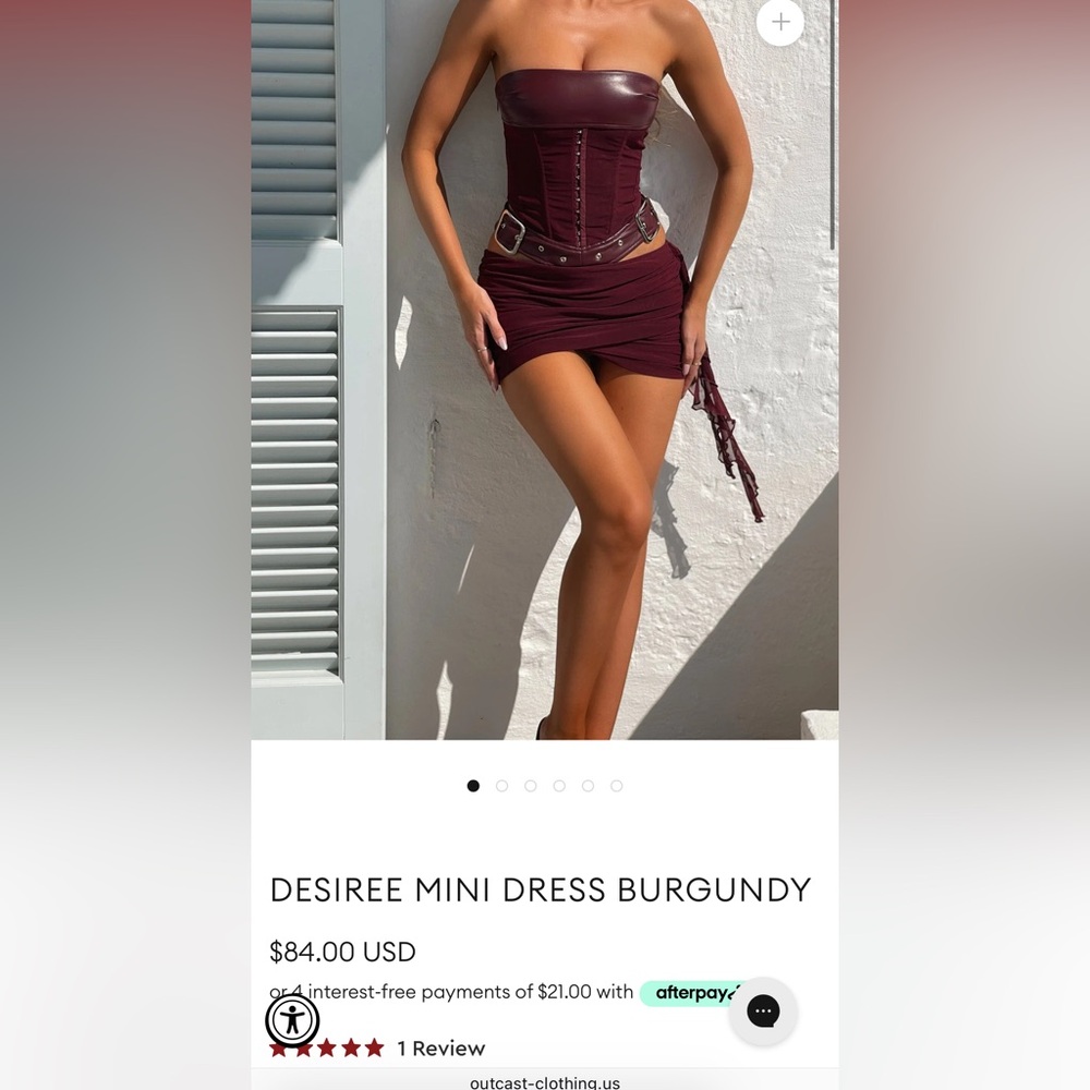Outcast burgundy dress. Side skirt gather, corset style top. Side adjust belts